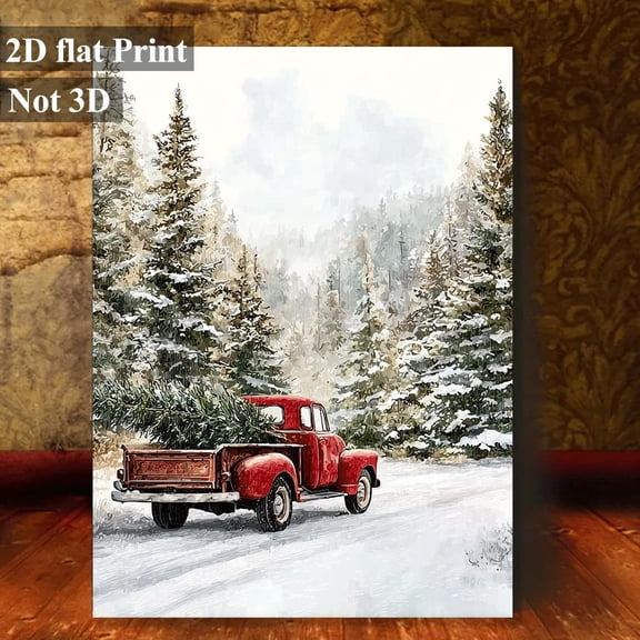 1pc Vintage Red Truck Christmas Tree Snowy Winter Scene Frameless Canvas Wall Art Print - Nostalgic Holiday Painting for Living Room, Office, Cafe, Farmhouse Decor - Ideal Gift for Xmas, New Year's,