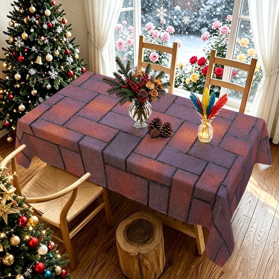 1pc Vintage Reddish Brown Grid Brick Printed Tablecloth, Kitchen Festival Textile Table Cover, Thanksgiving & Christmas Gifts