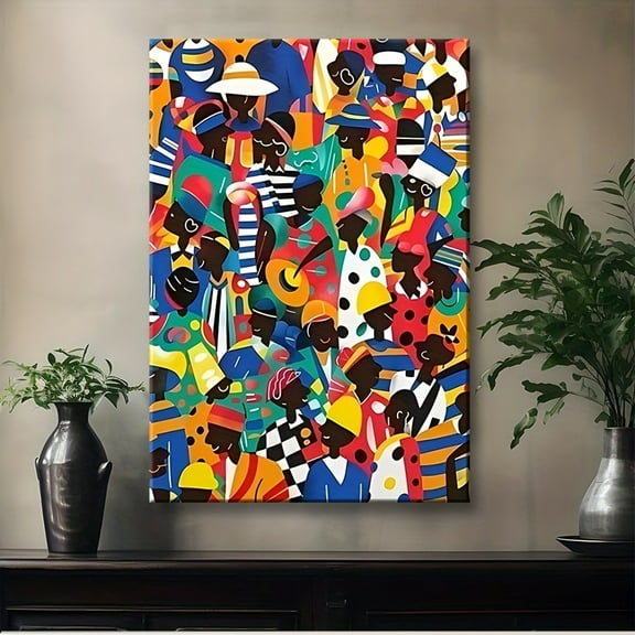 1pc Vintage Retro Cubism Afro-American Dancing Scene Canvas Wall Art - Colorful Wooden Framed Abstract Painting, Ready to Hang for Living Room