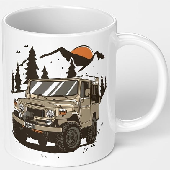 1pc Vintage Off Road Adventure Mug Beige Coffee Cup with Retro SUV Pine Trees Sunset Design 11oz Ceramic Durable Outdoor Drinkware Camping Office Idea
