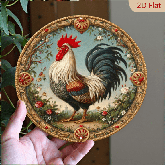 1pc Vintage Rooster Metal Sign with Floral Design Round Aluminum Wall Art for Cafe, Beach House, Backyard Rustic Decor for Artistic Spaces Frameless Indoor Hanging Decor, Rooster Decor, Hang