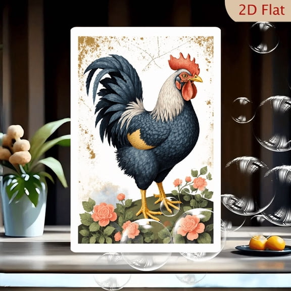 1pc Vintage Rooster Metal Wall Art, 8x12 Inches, Dark Blue Indigo Rooster with Red Comb, White Neck & Yellow Legs, Surrounded by Pink Roses & Green Foliage,