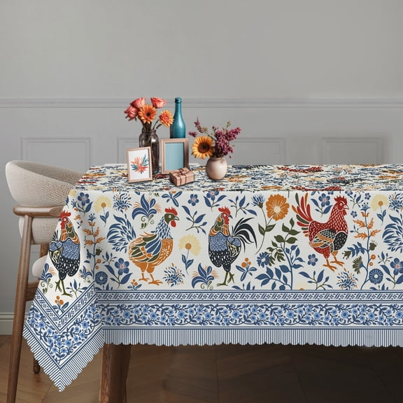 1pc Vintage Rooster Tablecloth, Farmhouse French Country Blue Orange Rustic Print with Fringed Edges, Durable Fabric for Indoor Outdoor Dining Party