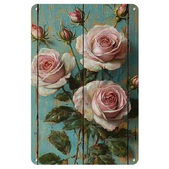 1pc Vintage Rose Metal Tin Sign - Romantic Pink Roses on Blue Wooden Plank Wall Art, Shabby Chic Rustic Farmhouse Decor, Pre-Drilled Iron Hanging Plaque for Home, Bedroom, Bathroom
