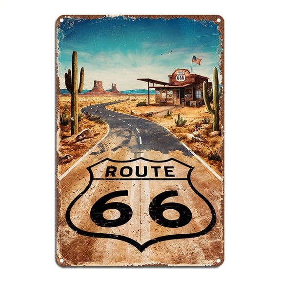 1pc Vintage Route 66 Metal Sign - Rustic Iron Wall Art with Desert & Cacti Design, Ideal for Cafe, Kitchen, Club, Bar, Home Decor, Retro Road Trip Decorative Plaque, Perfect Christmas & Birthday Gift