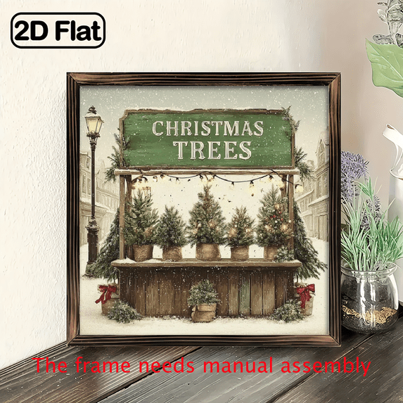 1pc Vintage Rustic Christmas Trees Framed Wall Sign - 8x8 Inch Wood Plaque with Snowy Tree Ornament Design, Wood Frame for Farmhouse, Mantel, Tabletop or Holiday Decor - Easy-Hang Xmas Decoration