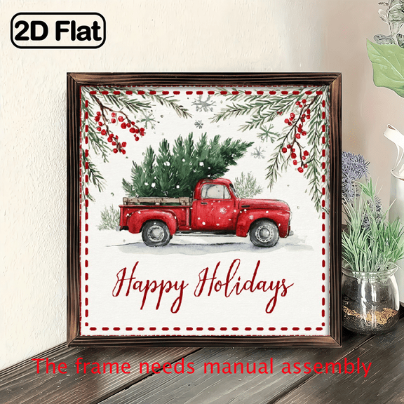 1pc Vintage Rustic Christmas Wall Decor - Happy Holidays Red Truck Pine Tree Farmhouse Plaque with Happy Holidays Text - Recycled Wood Sign for Living Room, Bedroom, Mantel, Desk