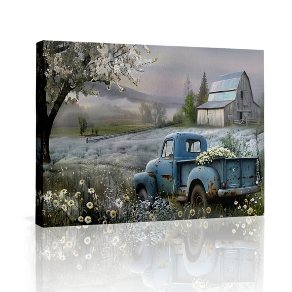 Topbout Art Modern Vintage Farmhouse Blue Truck Canvas Print Bedroom Foyer Lounge Frameless