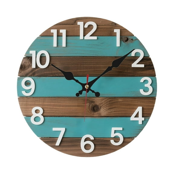 1pc Vintage Rustic Wood Texture Silent Wall Clock Teal Blue & Brown Stripes for Farmhouse Living Room Bedroom Kitchen Decor, Unique Home Gift, Living Room Wall Clock, Classic Numeral Display