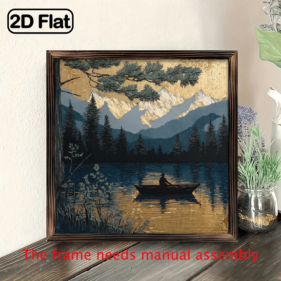 1pc Vintage Rustic Wooden Framed Wall Art - 8x8 Inch Rustic Mountain Landscape Painting with Golden Deep Blue-Green Hues, Serene Lake Scene with Boat, Decorative Sign, Plaque