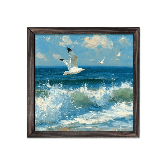 1pc Vintage Seagull Flying Over Waves Wall ArtWood Framed Print Suitable for Farmhouse Decor, Hanging Picture for Kitchen, Bathroom, Cafe, Nautical Door Sign with Wood Frame, Sea Bird Decor