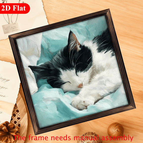 1pc Vintage Sleeping Cat on Teal Pillows Wall Art - 12X12 Inch Recycled Wood Frame, Farmhouse Decor for Bedroom, Living Room, Office - Pet Lover Gift, No Electricity Needed, Home Decoration,
