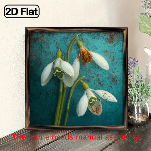 1pc Vintage Snowdrop Flower Photo Frame Wall Decor - Rustic Farmhouse Natural Wood Frame Picture Frame Suitable for Living Room, Bedroom,, Office - Rust-Colored Background Housewarming Gift, Cla