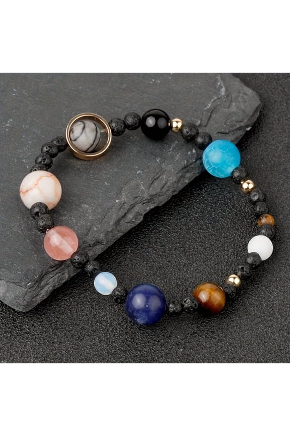 1pc Vintage Solar System Design Elastic Stone Bracelet, Zodiac Planet Guardian Beaded Stretch Jewelry, (Stone Color Random) Great Gift for All Occasions, Main Material Is Gemstone, No Power Required