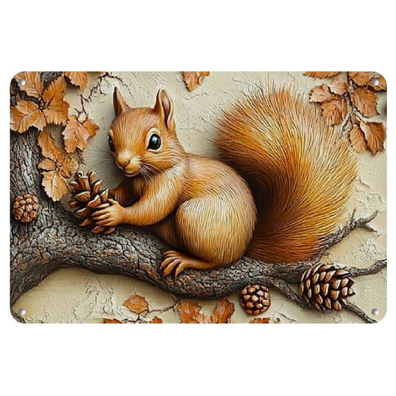 1pc Vintage Squirrel Iron Metal Sign - 8x12 Inch, Rustic Wall Art Decor with Autumn Leaves & Pine Cones, Perfect for Home Office, Garage, Cafe, Bar, Living Room - Cozy Workspace Enhancer, 2D
