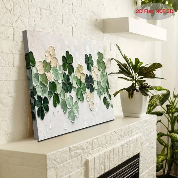 1pc Vintage St. Patrick'S Day Canvas Painting - Textured Shamrock Wall Art with Green & Golden Leaves, Wooden Frame, Ideal for Living Room, Bedroom, Bathroom, Kitchen Decor - Holiday Gift,