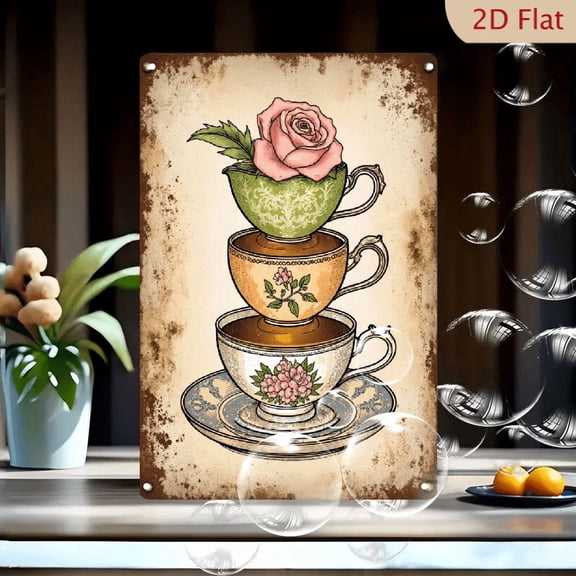 1pc Vintage Stacked Teacups Metal Wall Sign, 8x12 Inches, Whimsical Old-Fashioned Tea Party Art, Distressed Tin-Sign Style with Floral Patterns, Pink Roses &
