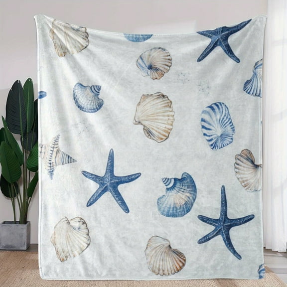 1pc Vintage Starfish & Seashell Print Flannel Blanket - Soft Cozy All-Season Throw for Sofa, Bed, Camping, Travel, Car & Office - Blue & Beige Coastal Design, Durable Home Decor Gift, Soft Texture
