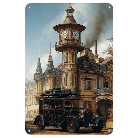 1pc, Vintage Steampunk Car & Tower Tin Sign, 8x12inch, Rustic Metal Wall Art, Decorative Plaque for Home, Bar, Cafe, Office, Bedroom, Bathroom, Garage Decor