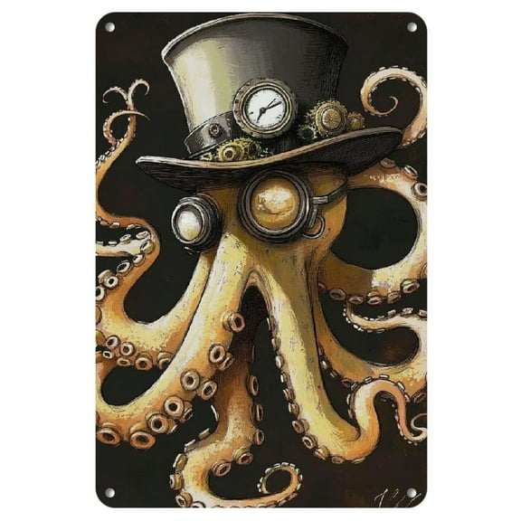 1pc, Vintage Steampunk Octopus Metal Tin Sign - 8x12 Inch Retro Wall Art for Home, Bar, Club Decor