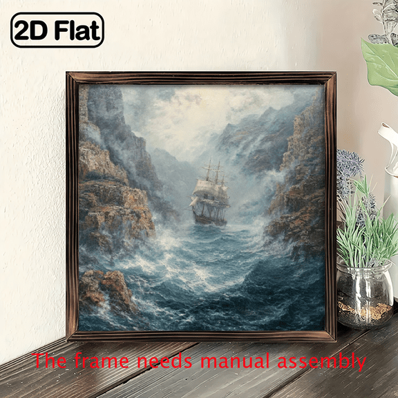 1pc Vintage Stormy Seascape with Sailing Ship Wall Art - 8x8 Inch Artificial Recycled Wood Frame, No Electricity Needed, Easy Hang Nautical Decor for Living Room, Bedroom, Office Farmhouse, C