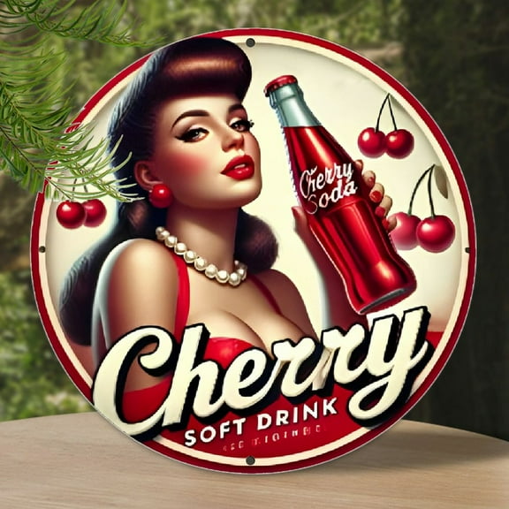 1pc Vintage Style Cherry Soft Drink Sign, 8x8 inches (20x20cm), Round Metal Aluminum Wall Art Decor for Bedroom, Kitchen, Restaurant, Bar - Unique Design, Easy to Hang, Durable, Long-Lasting