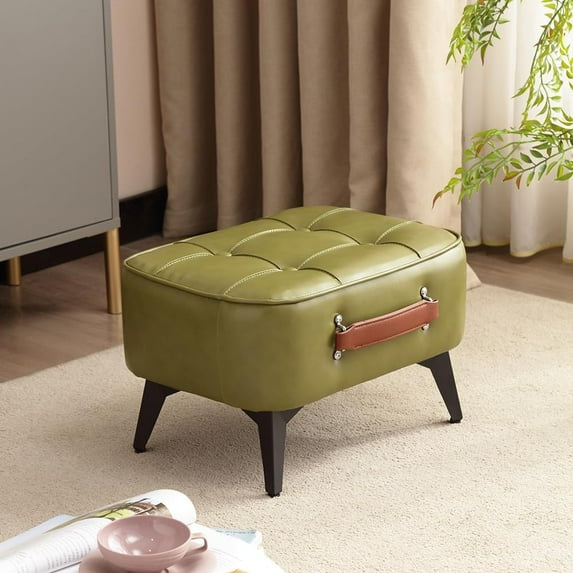 1pc Vintage Style Faux Leather Ottoman Footstool - Wooden Frame, Upholstered Interior, Multi-Use Footrest for Living Room, Entryway, Office (Azure Green)