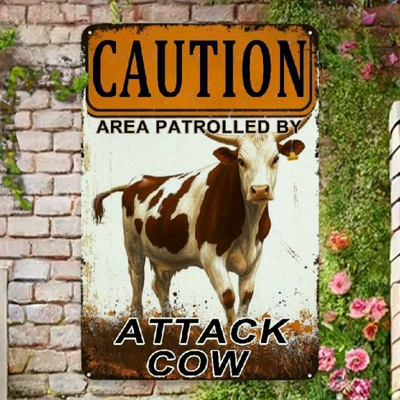 1pc Vintage-Style Iron Warning Sign "Caution Area Patrolled By Attack Cow" - Wall Mount Decorative Plaque For Home, Bar, Coffee Shop - No Electricity Or Battery Needed, Durable Metal Poster