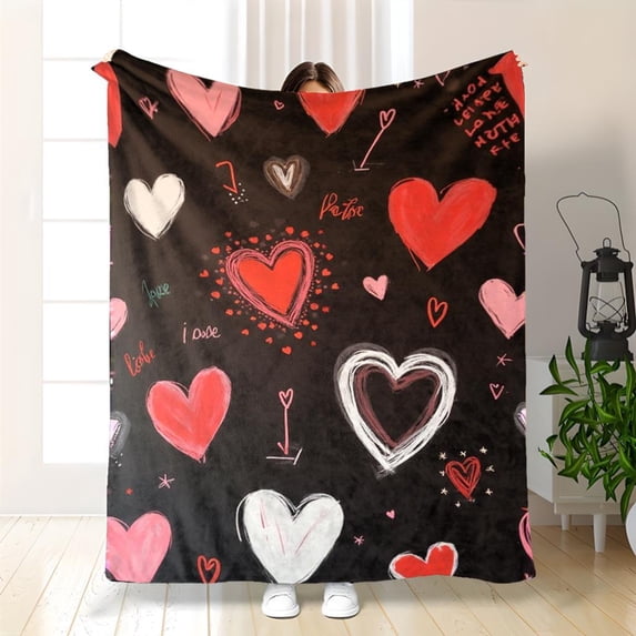 1pc Vintage Style Valentine'S Day Heart Print Flannel Throw Blanket | Soft, Cozy, and Warm for Sofa, Bed, Office, Car, and Outdoor Use - All-Season Polyester Digital Print Cover, 250-300gsm