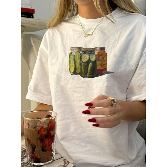 1pc Vintage Style Women'S T-Shirt, Geometric Pickle Print, Cotton Knit Fabric, Crew Neck, Short Sleeve, Regular Length, Casual Summer Top