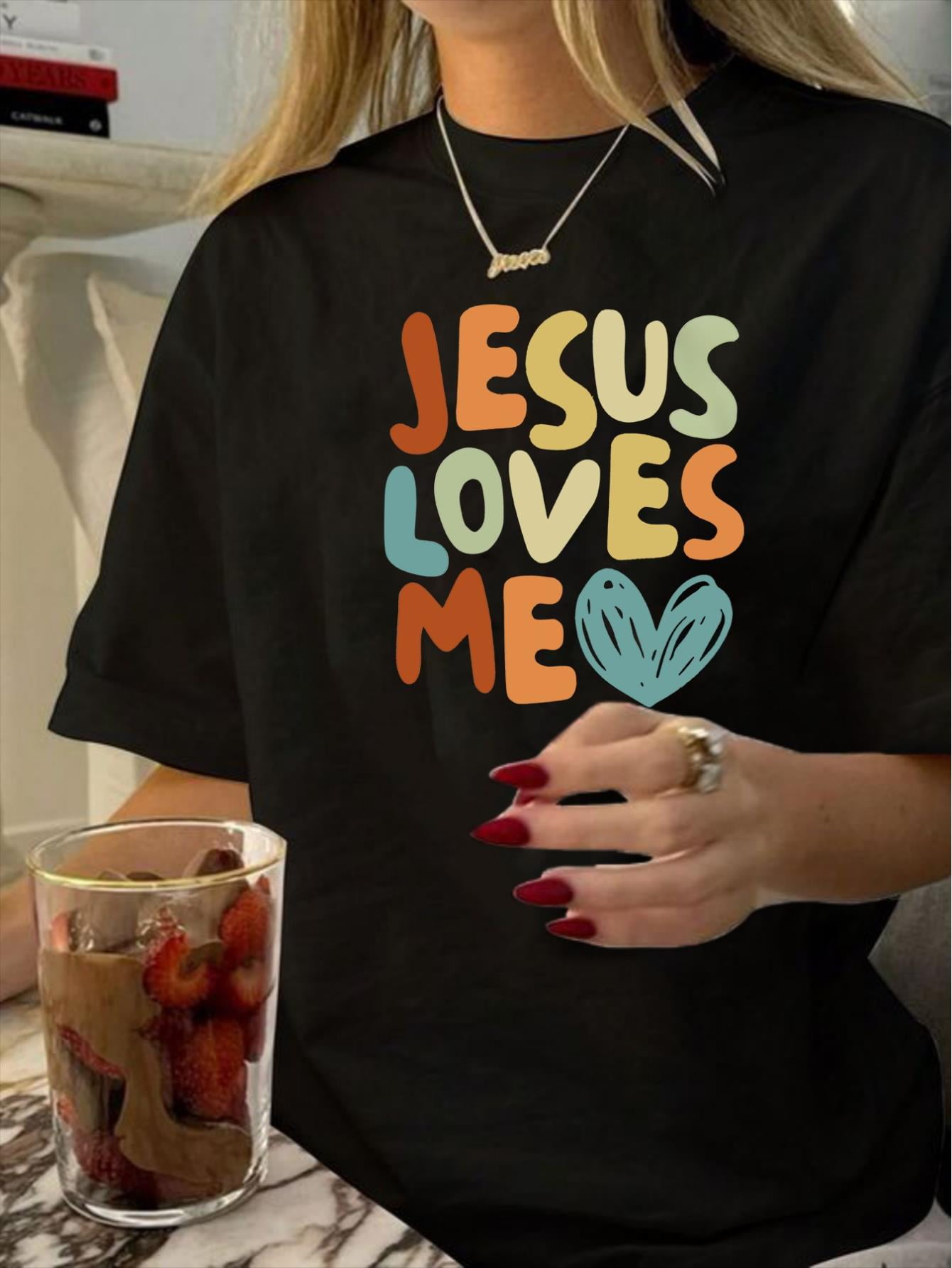 1pc Vintage Style Women'S T-Shirt, "Jesus Loves Me" Graphic Print ...