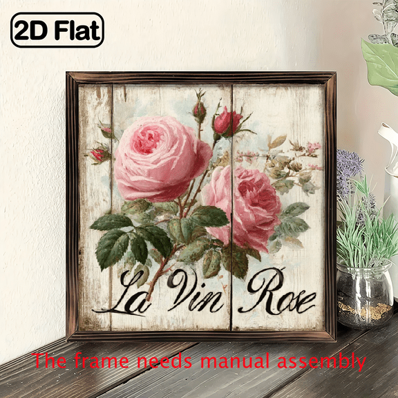1pc Vintage Style Wooden Framed Wall Art - 8x8 Inch Pink Roses Decorative Sign with La Vie En Rose Script, Rustic Home, Kitchen, Garden, Office Decor - Ideal Holiday Gift, Home Wall Decor Vintage