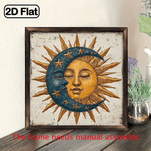 1pc Vintage Sun and Moon Wood Frame Wall Art - Rustic Decorative Sign, 8x8 Inch, Ideal for Home, Living Room, Office, Farmhouse Decor, No Electricity Needed, Wall Decor, Perfect for Room Deco
