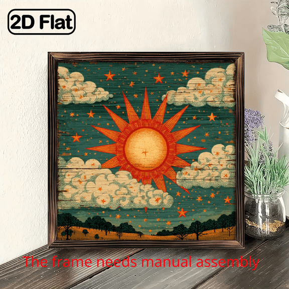 1pc Vintage Sun Wall Decor Framed Wood Sign - Square Retro Farmhouse Panel with Suitable for Living Room, Bedroom, - Artificial Wood Panel Suitable for Modern Rustic,, Minimalist Nature-Themed