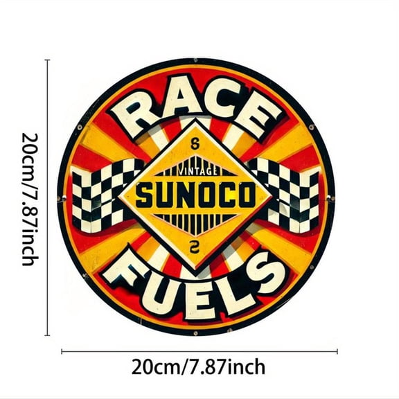 1pc Vintage Sunoco Race Fuel Metal Tin Sign - 7.87" Diameter, Retro Gasoline Wall Art for Garage, for Man Cave, Bar Decor | High-Quality Aluminum Collectible with Classic Checkered Design, Garage