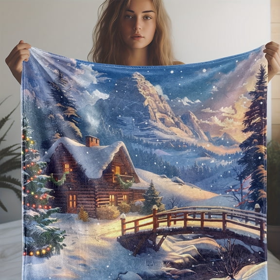 1pc Vintage Sunrise Bridge & Cabin Print Flannel Blanket, Soft & Cozy Throw for Sofa, Bed, Car, Office, Camping, All-Season Gift, Digital Print, Polyester, Knitted, 250-300g