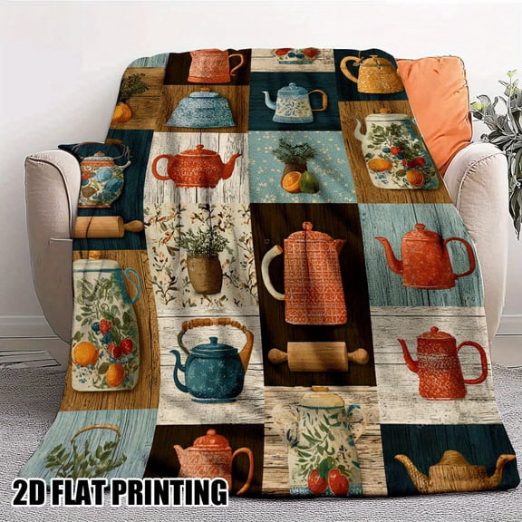 1pc Vintage Teapot & Kitchenware Collage Print Flannel Throw Blanket – Soft, Light Beige-Friendly, Cozy All-Season Use for Sofa, Bed, Office, Travel, Camping – Ideal Gift, Digital Print, 200-250gsm,