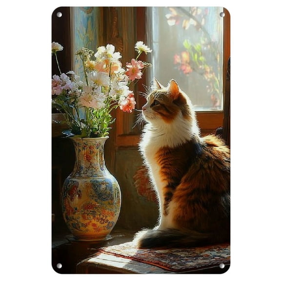 1pc, Vintage Tin Sign Window Sill Cute Cat Flowers Summer Vintage Plaque Decor, Wall Art Decor, Metal Tin Sign, Gift Floral Poster Plaque Wall Sign(8x12Inch)