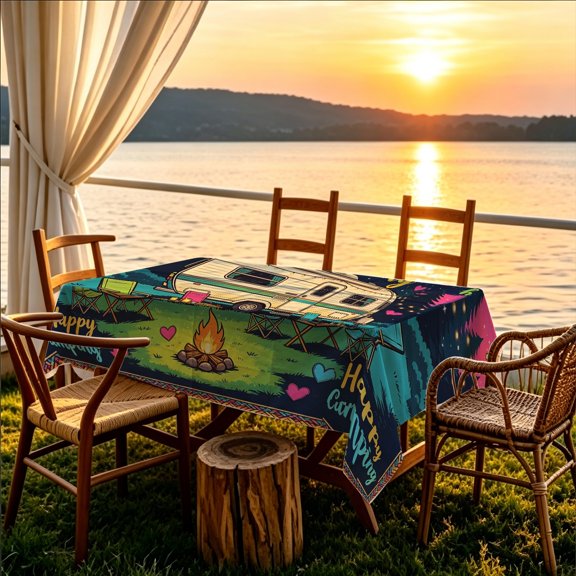 1pc Vintage Trailer Bonfire Heart Camping 2D Printed Tablecloth, Kitchen Garden Patio Picnic Table Cover, Christmas Gift for Outdoor Adventure Enthusiasts