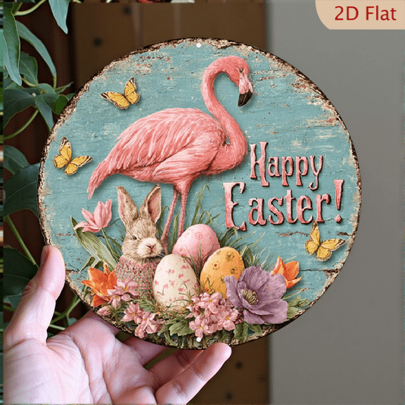 1pc Vintage Turquoise Flamingo Easter Eggs Metal Wall Sign, 8" Round Aluminum Hanging Decoration With Pink Flamingo, Colorful Eggs Rustic Patterns, Spring Door Hanger, Outdoor Party Decor, 2D Flat