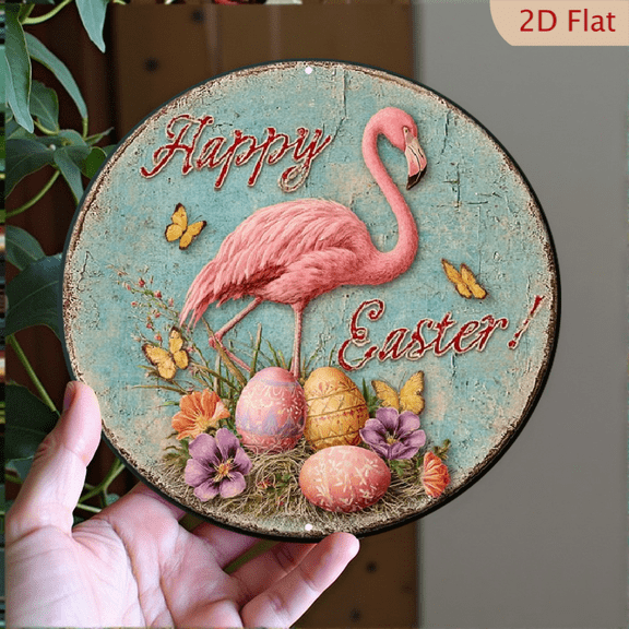 1pc Vintage Turquoise Flamingo Easter Eggs Metal Wall Sign, 8" Round Aluminum Hanging Decoration With Pink Flamingo, Colorful Eggs Rustic Patterns, Spring Door Hanger, Outdoor Party Decor, 2D Flat