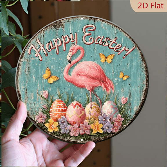 1pc Vintage Turquoise Flamingo Easter Eggs Metal Wall Sign, 8" Round Aluminum Hanging Decoration With Pink Flamingo, Colorful Eggs Rustic Patterns, Spring Door Hanger, Outdoor Party Decor, 2D Flat