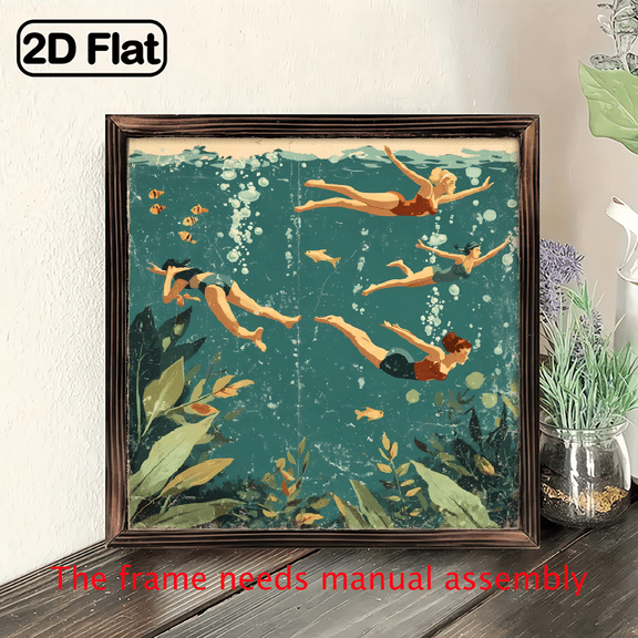 1pc Vintage Underwater Swimmers Wooden Wall Art - Rustic Recycled Wood Frame, 8x8 Inch Aquatic Theme Wall Hanging Decor for Bedroom, Bathroom, Living Room, Dorm, Spa - No Electricity Needed, Home