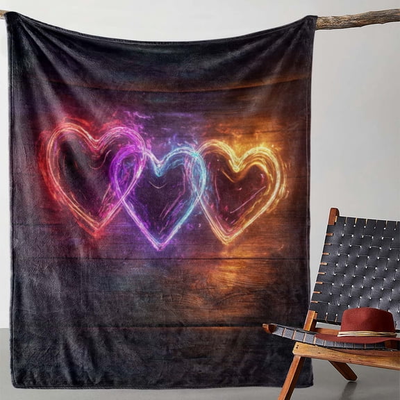 1pc Vintage Valentine'S Day Heart Lights Print Flannel Throw Blanket - Soft, Warm & Cozy Polyester, Vibrant Neon Glow-in-the-Dark Hearts Design, Mixed Colors For Sofa, Bed - Machine Washable