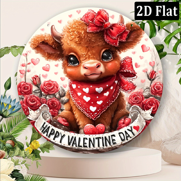 1pc Vintage Valentine's Day Wreath Sign - 8x8inch Round Aluminum Metal Wall Decor with Red Roses, Lace Hearts, Rustic Farmhouse Door Hanging for Home, Porch, Gift, No Electricity Needed, Metal Wall.