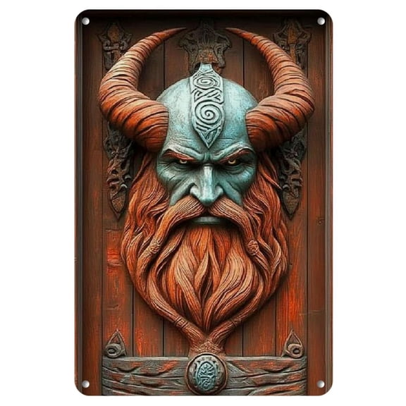1pc Vintage Viking Warrior Metal Wall Art - 8x12" Iron Sign with Intricate Orange Horns & Blue-Green Beard Design | Perfect for Home Bar, Pub, Cafe, Living Room Decor