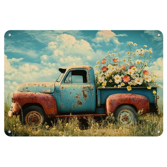 1pc, Vintage Wagon Flower Metal Tin Sign - 12x8" | Rustic Indoor/ Outdoor Wall Decor for Home, Office, Cafe, Bar, Garage & Library Rustic Wall Decor, Perfect for Room Decor