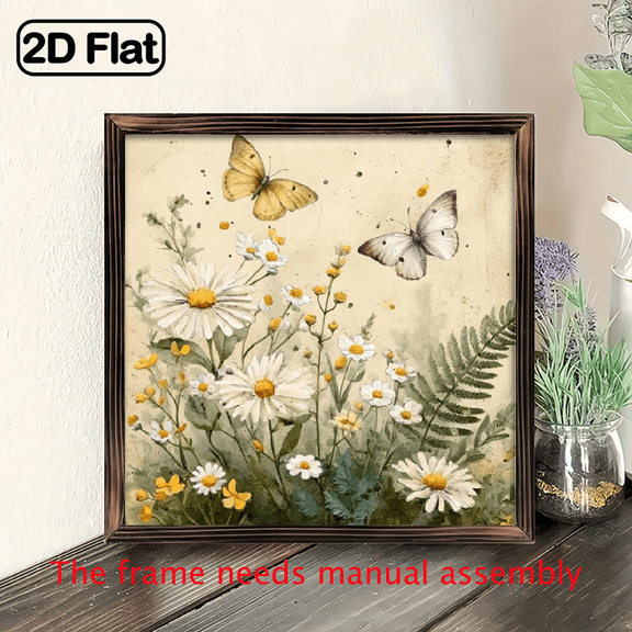 1pc Vintage Watercolor Butterflies Daisies Wooden Frame Wall Art Rustic 8x8 Inch Pastel Nature-Inspired Design, Farmhouse Decor for Bedroom, Living Room, , Wedding Butterfly Decorations, Butte