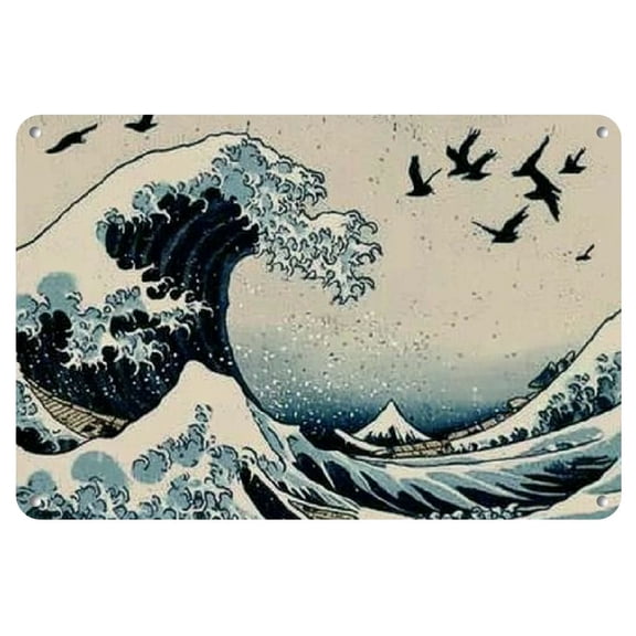 1pc Vintage Wave Art Metal Tin Sign, Japanese-Inspired Sea Wave Iron Wall Decor, Retro Decorative Painting, with Pre-Drilled for Easy Hanging, for Home, Diner, Garage