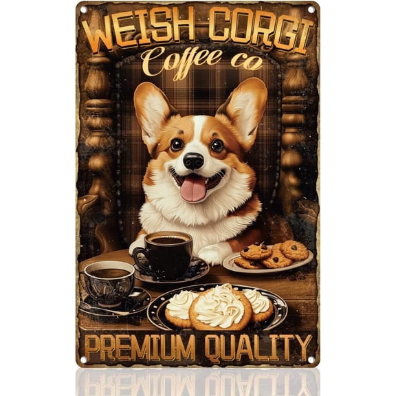 1pc Vintage Weish Corgi Dog Coffee Sign Wall Decor Metal Tin Sign Wall Poster for Home Kitchen Cafe Bar Shop Room Decor Gift 8" x 12" Colorful